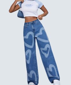 IG4 Women's High Waist Heart Print Wide Leg Jeans