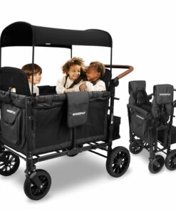 WonderFold W4 Luxe Quad Stroller Wagon, 4-Seater, Foldable, Adjustable Canopy, Black
